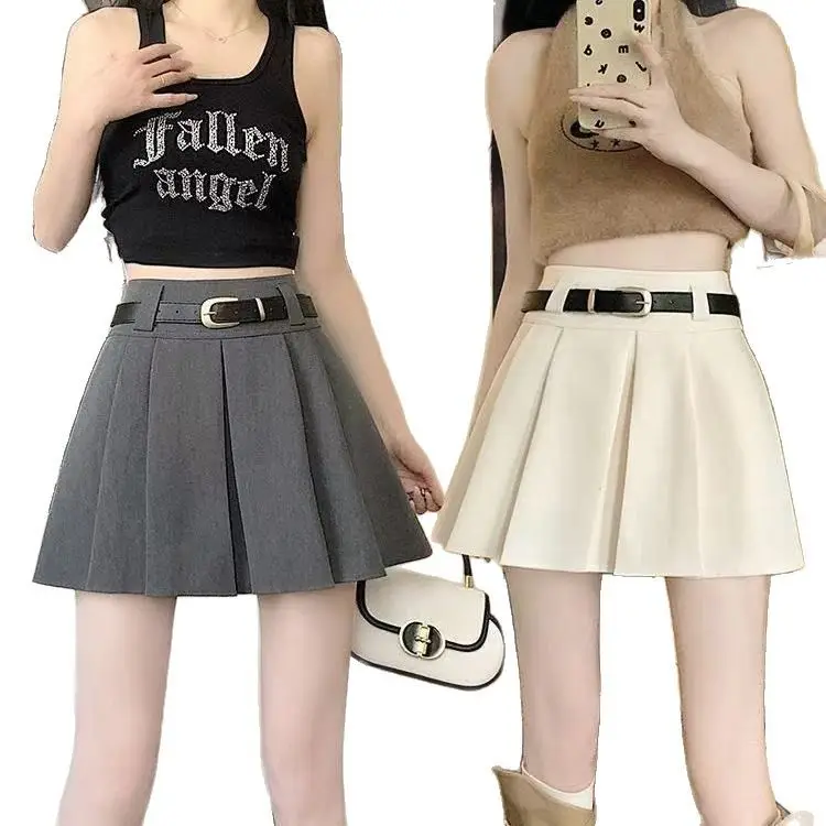 White Anti-Light Pleated Skirt with Belt for Women - Image 9