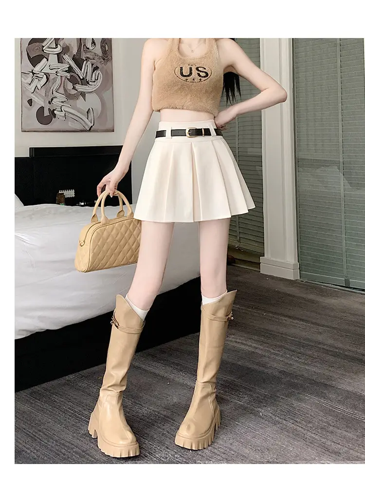 White Anti-Light Pleated Skirt with Belt for Women — feature 33