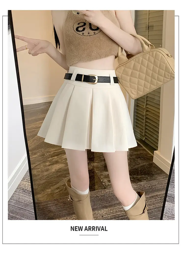 White Anti-Light Pleated Skirt with Belt for Women — feature 34