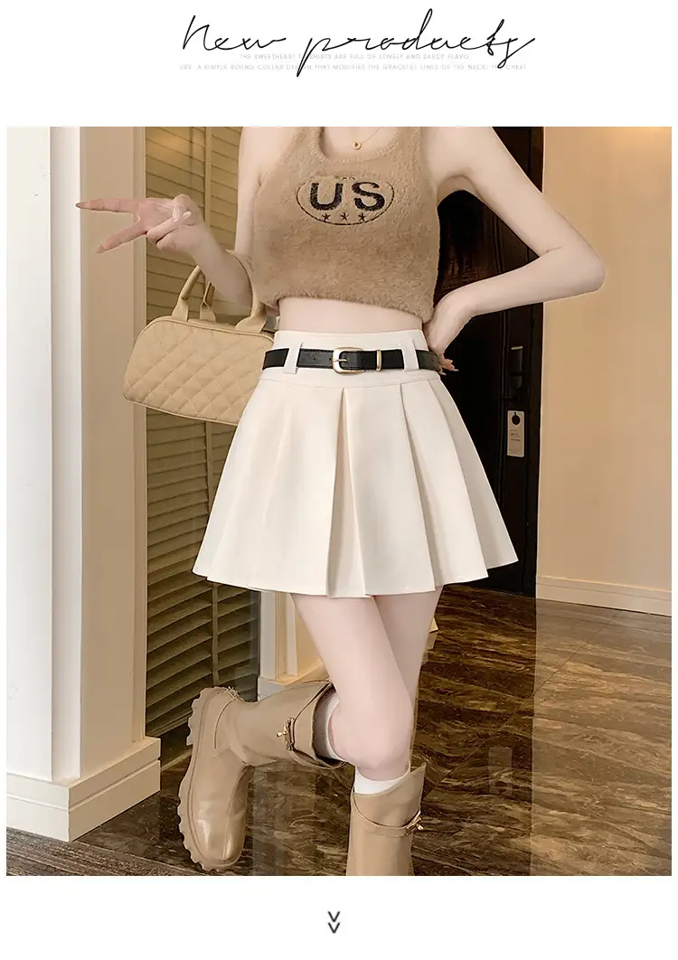 White Anti-Light Pleated Skirt with Belt for Women — feature 35