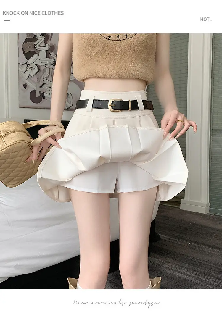 White Anti-Light Pleated Skirt with Belt for Women — feature 36