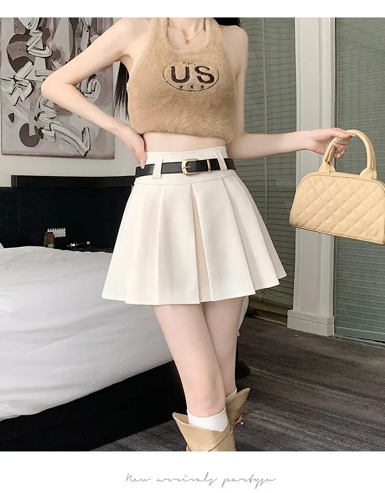 White Anti-Light Pleated Skirt with Belt for Women — feature 37
