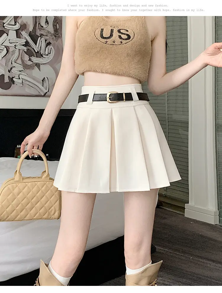 White Anti-Light Pleated Skirt with Belt for Women — feature 39