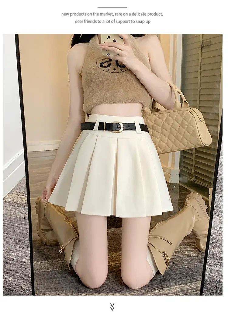 White Anti-Light Pleated Skirt with Belt for Women — feature 40