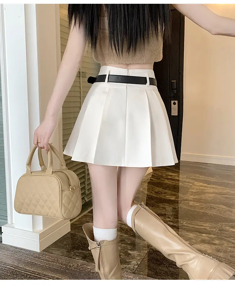 White Anti-Light Pleated Skirt with Belt for Women — feature 41