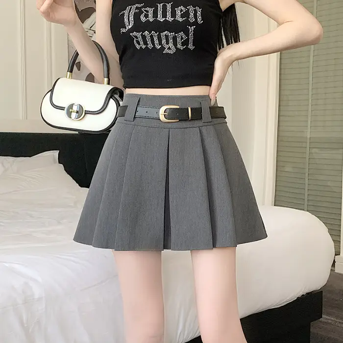 White Anti-Light Pleated Skirt with Belt for Women - Image 3