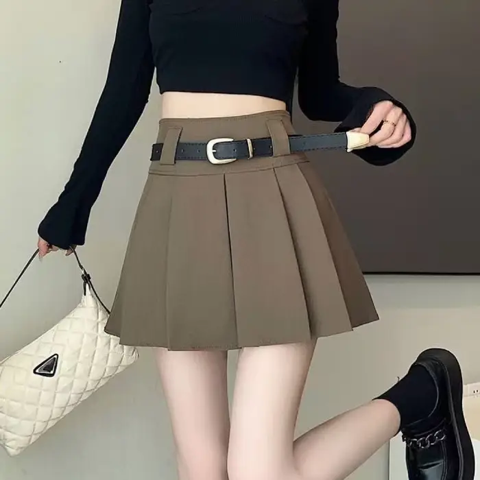 White Anti-Light Pleated Skirt with Belt for Women - Image 4