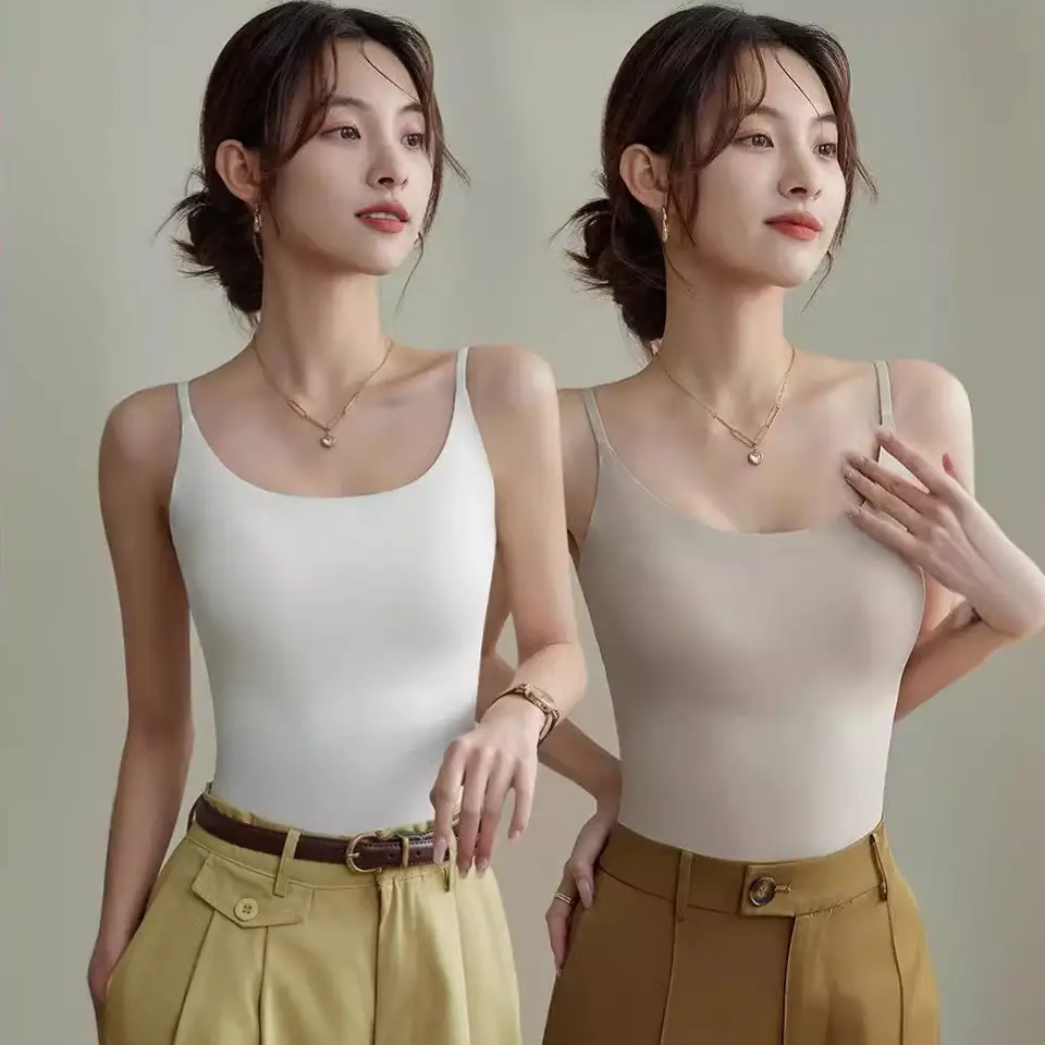 6631 seamless ice silk camisole women's chest pad inner wear beautiful back long base outer wear long thin top