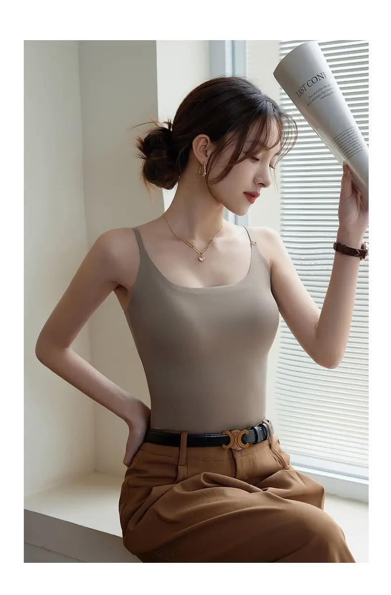 6631 seamless ice silk camisole women's chest pad inner wear beautiful back long base outer wear long thin top — feature 15