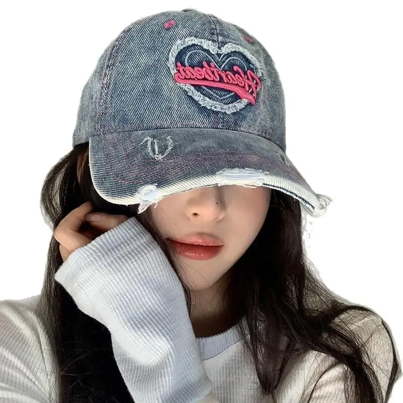 Love Washed Denim Cap Women Retro Wide Brim