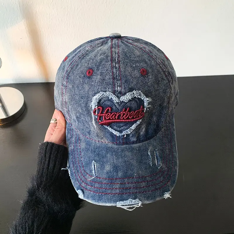 Love Washed Denim Cap Women Retro Wide Brim