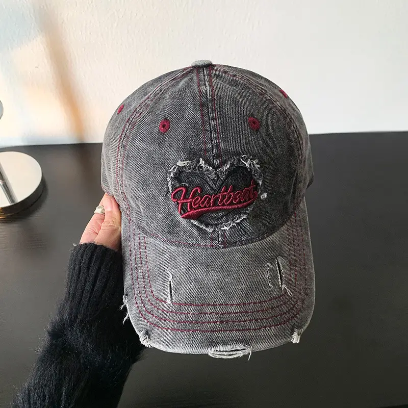 Love Washed Denim Cap Women Retro Wide Brim