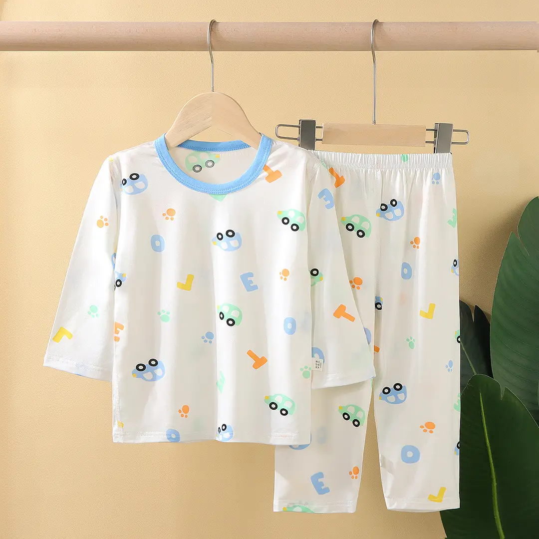 Children's Pajamas Summer Thin Tencel Modal Lyocell Boys' and Girls' Medium Long Sleeve Air-conditioning Clothing Home Clothes