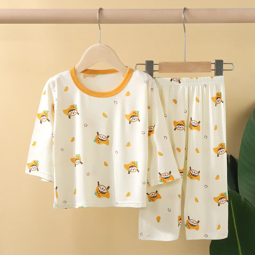 Children's Pajamas Summer Thin Tencel Modal Lyocell Boys' and Girls' Medium Long Sleeve Air-conditioning Clothing Home Clothes