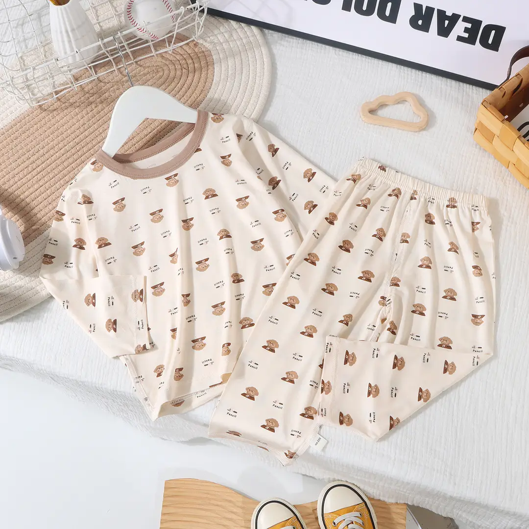 Children's Pajamas Summer Thin Tencel Modal Lyocell Boys' and Girls' Medium Long Sleeve Air-conditioning Clothing Home Clothes