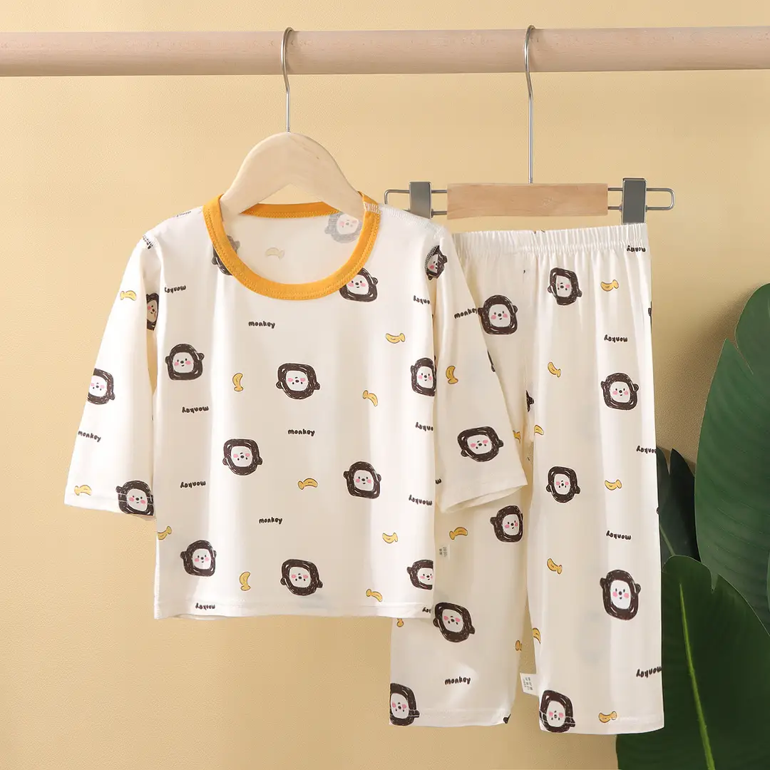 Children's Pajamas Summer Thin Tencel Modal Lyocell Boys' and Girls' Medium Long Sleeve Air-conditioning Clothing Home Clothes