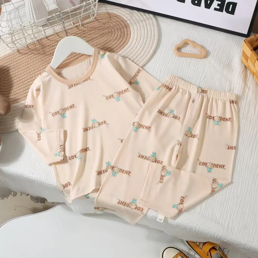 Children's Pajamas Summer Thin Tencel Modal Lyocell Boys' and Girls' Medium Long Sleeve Air-conditioning Clothing Home Clothes