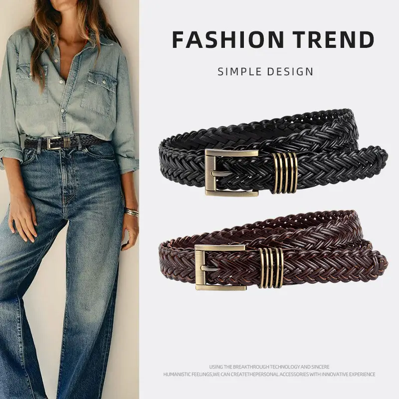 Black Braided Women's Belt with Gold Buckle - Image 6