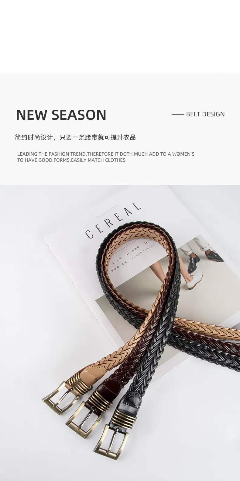 Black Braided Women's Belt with Gold Buckle — feature 4