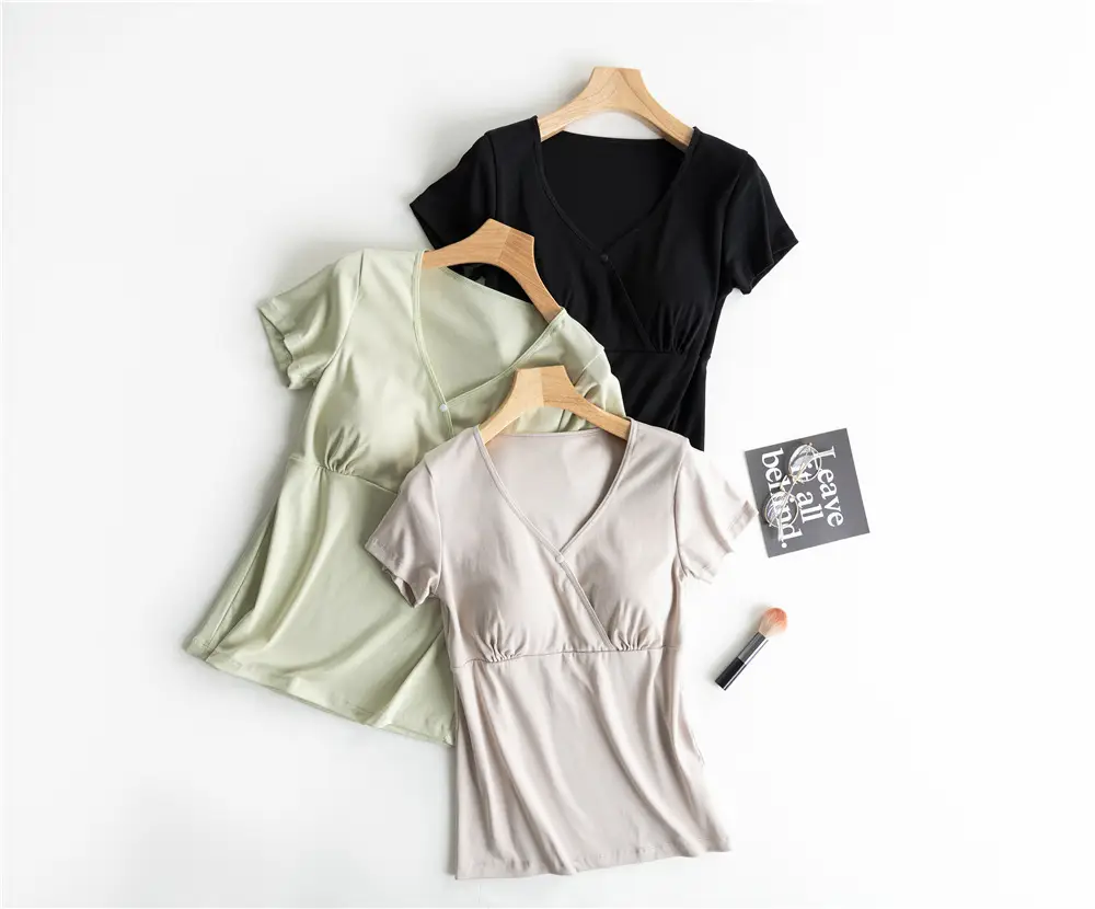 Nursing Top Short-sleeved Pregnant Women's Pajamas Single-piece Home Clothes Postpartum Nursing T-shirt Spring and Summer Thin Pure Cotton Half-sleeve — feature 1