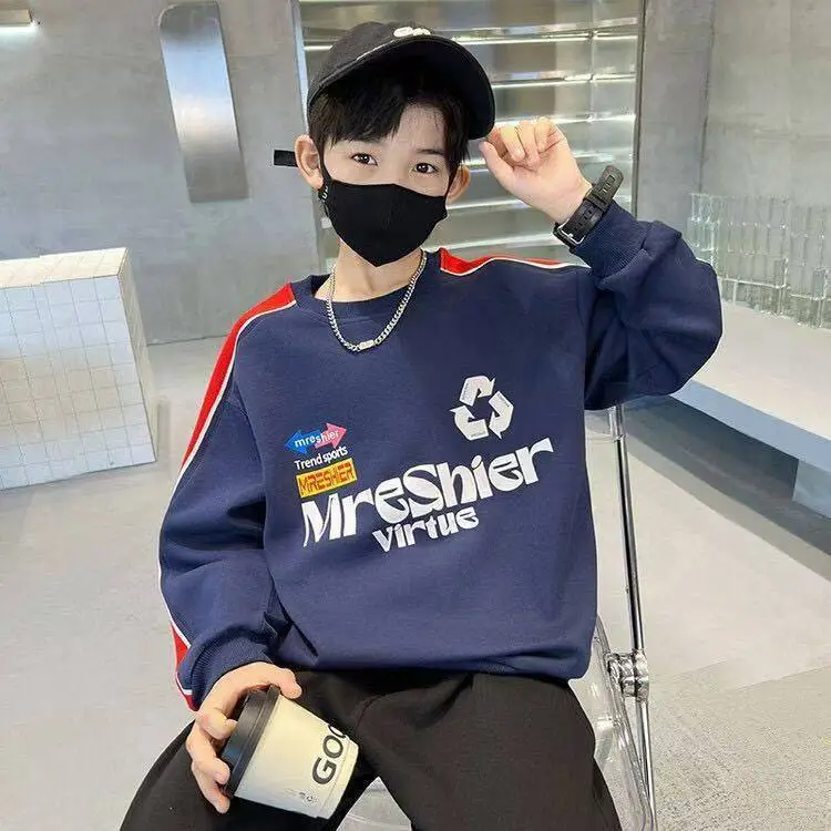 Boys Cotton Crewneck T-Shirt Navy Blue Side Stripe Spring Autumn Wear - Image 4