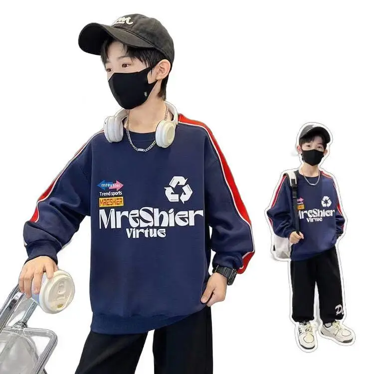 Boys Cotton Crewneck T-Shirt Navy Blue Side Stripe Spring Autumn Wear - Image 5