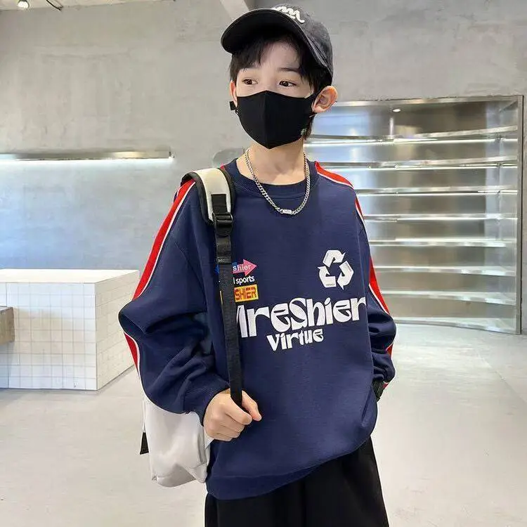 Boys Cotton Crewneck T-Shirt Navy Blue Side Stripe Spring Autumn Wear — feature 1