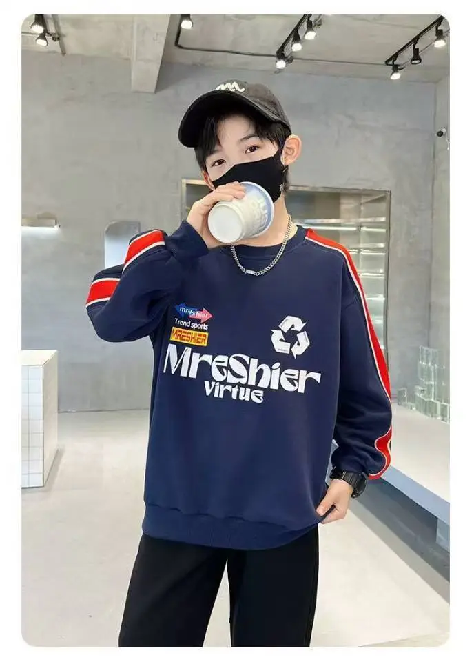 Boys Cotton Crewneck T-Shirt Navy Blue Side Stripe Spring Autumn Wear — feature 18