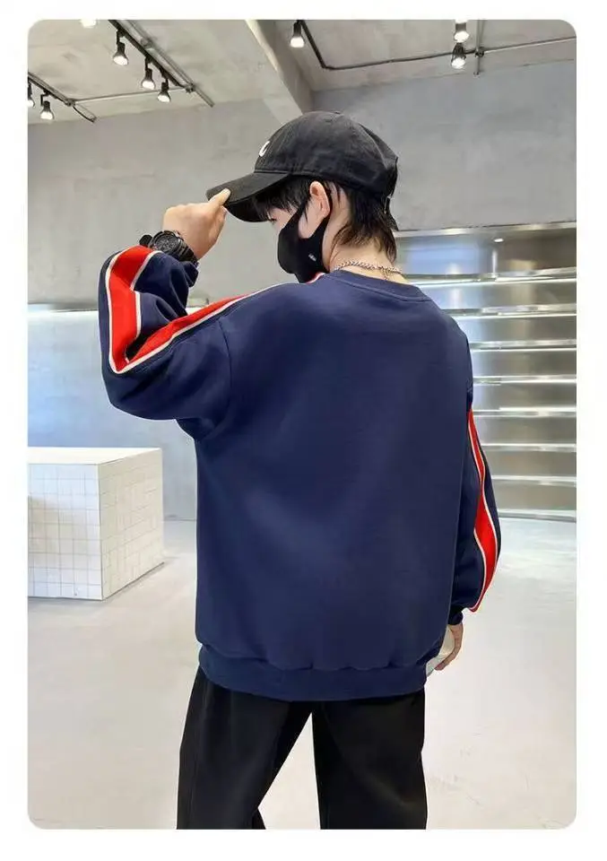 Boys Cotton Crewneck T-Shirt Navy Blue Side Stripe Spring Autumn Wear — feature 19