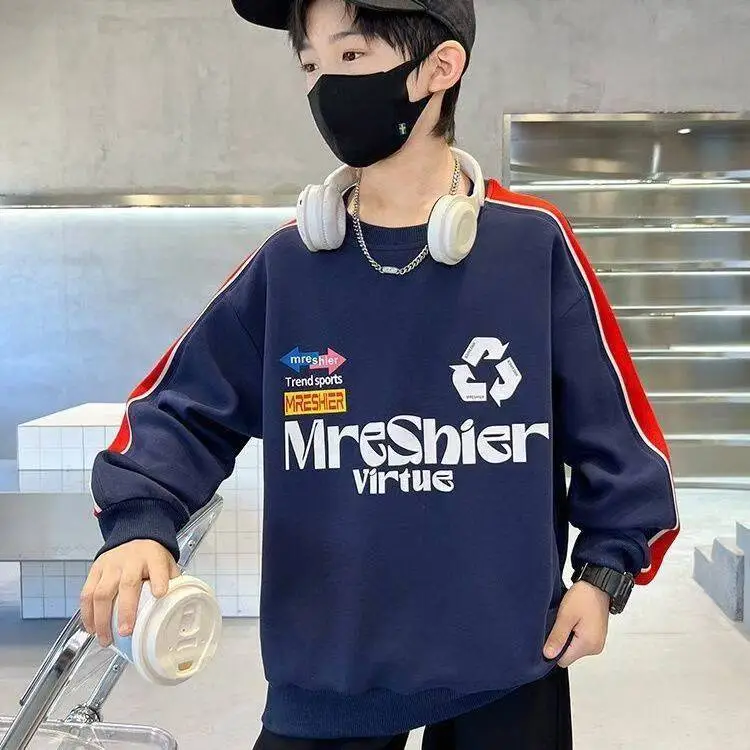 Boys Cotton Crewneck T-Shirt Navy Blue Side Stripe Spring Autumn Wear — feature 2