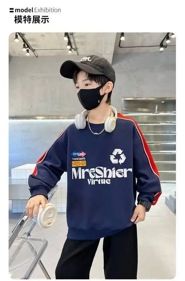 Boys Cotton Crewneck T-Shirt Navy Blue Side Stripe Spring Autumn Wear — feature 20