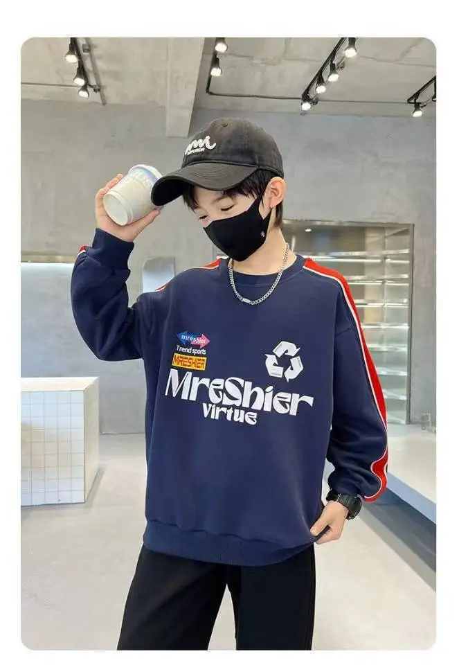 Boys Cotton Crewneck T-Shirt Navy Blue Side Stripe Spring Autumn Wear — feature 24