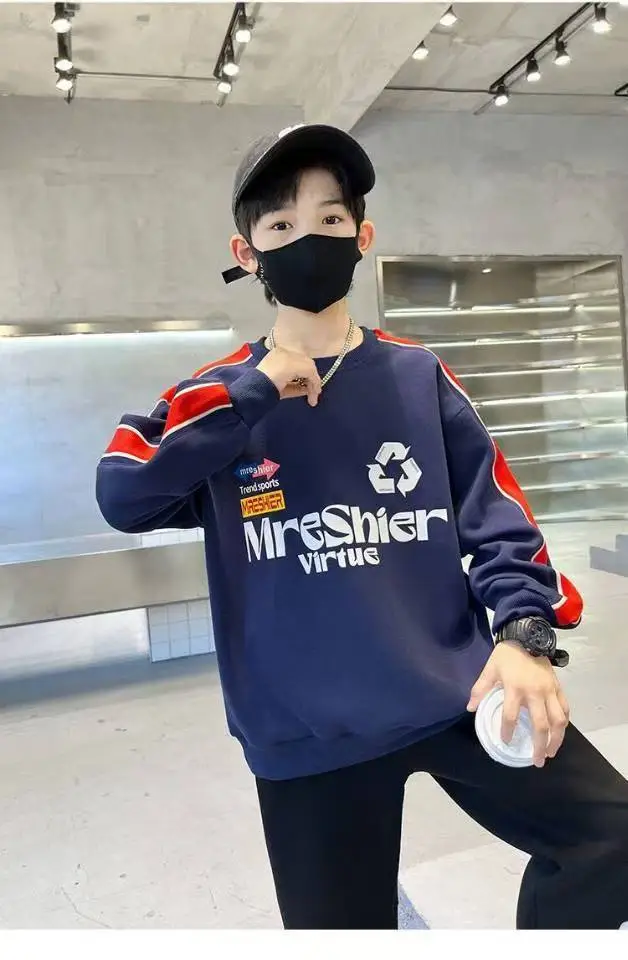 Boys Cotton Crewneck T-Shirt Navy Blue Side Stripe Spring Autumn Wear — feature 26