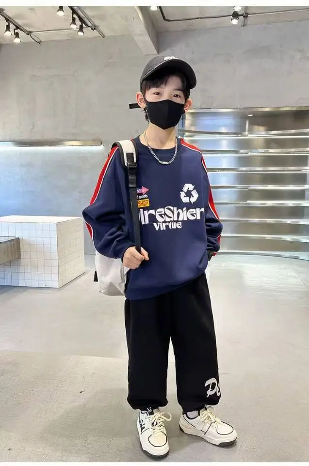 Boys Cotton Crewneck T-Shirt Navy Blue Side Stripe Spring Autumn Wear — feature 27