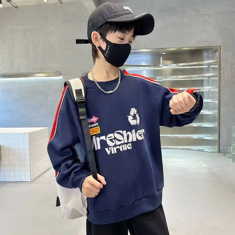 Boys Cotton Crewneck T-Shirt Navy Blue Side Stripe Spring Autumn Wear — feature 28