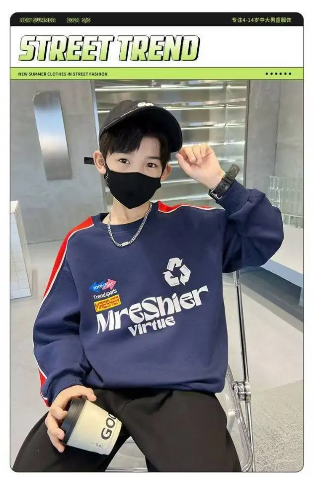 Boys Cotton Crewneck T-Shirt Navy Blue Side Stripe Spring Autumn Wear — feature 3