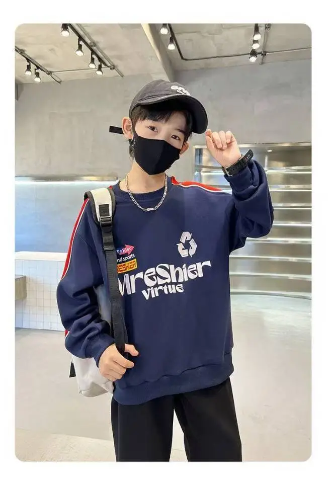 Boys Cotton Crewneck T-Shirt Navy Blue Side Stripe Spring Autumn Wear — feature 4