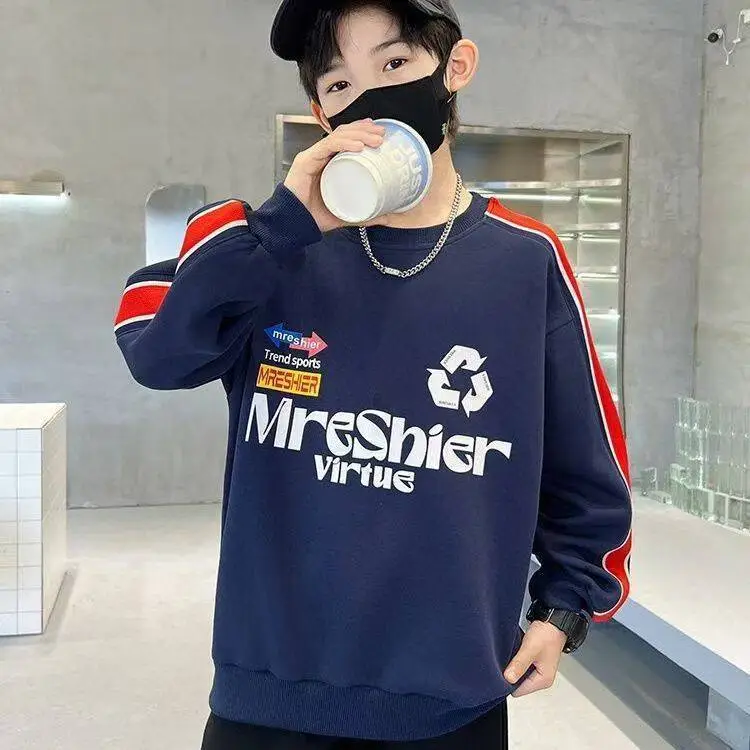 Boys Cotton Crewneck T-Shirt Navy Blue Side Stripe Spring Autumn Wear — feature 8