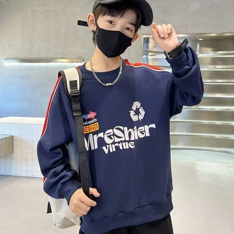 Boys Cotton Crewneck T-Shirt Navy Blue Side Stripe Spring Autumn Wear — feature 9