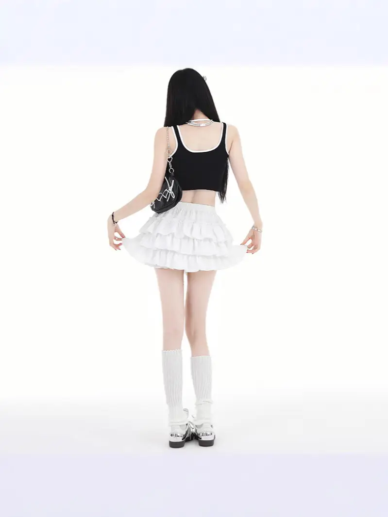 Black Ruffled Elastic Waist Skirt Pants Set