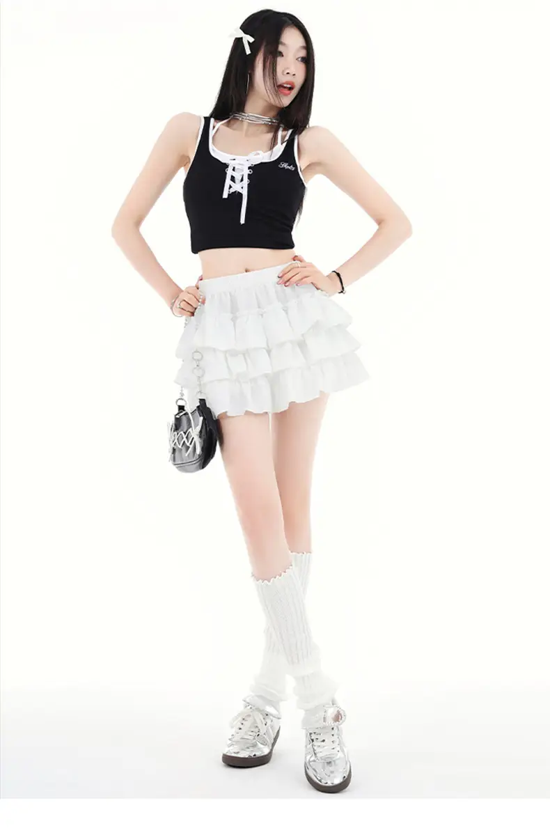 Black Ruffled Elastic Waist Skirt Pants Set — feature 10