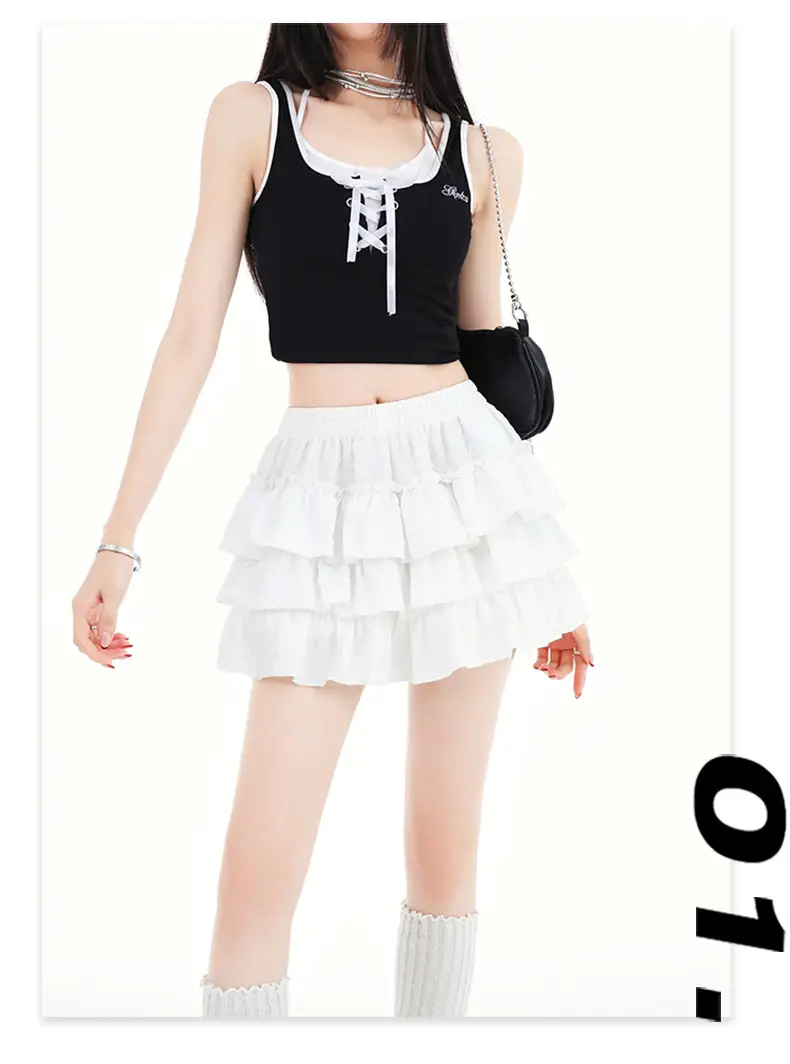 Black Ruffled Elastic Waist Skirt Pants Set — feature 14