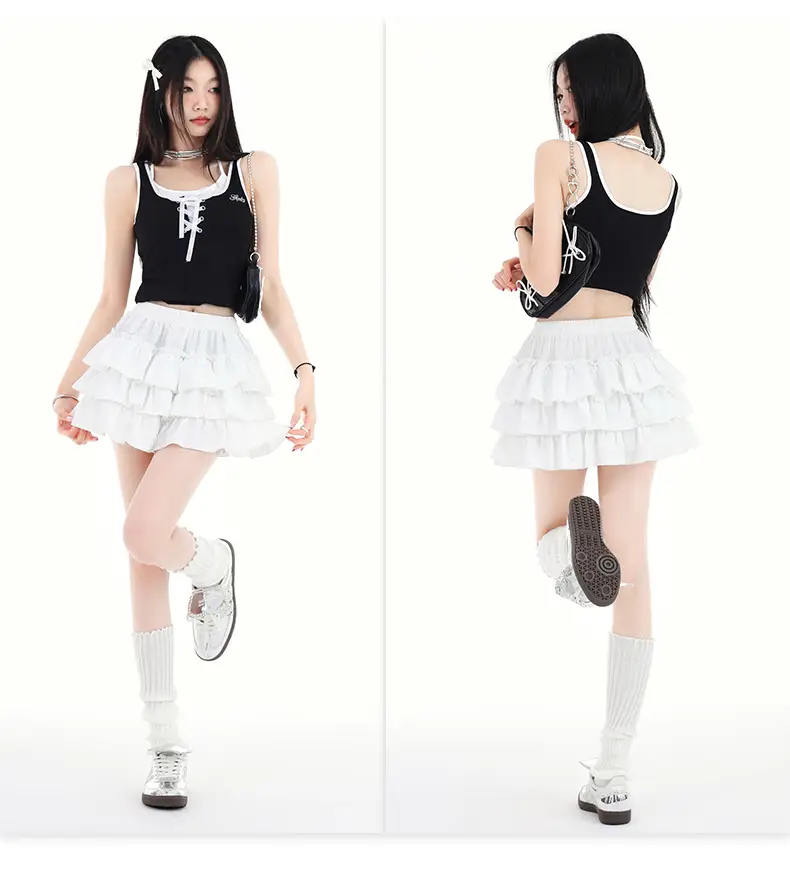 Black Ruffled Elastic Waist Skirt Pants Set — feature 15
