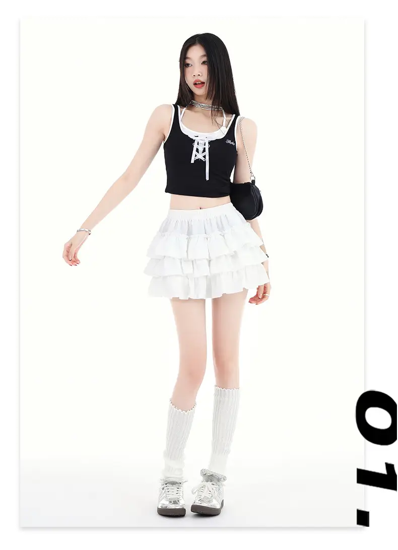 Black Ruffled Elastic Waist Skirt Pants Set — feature 18