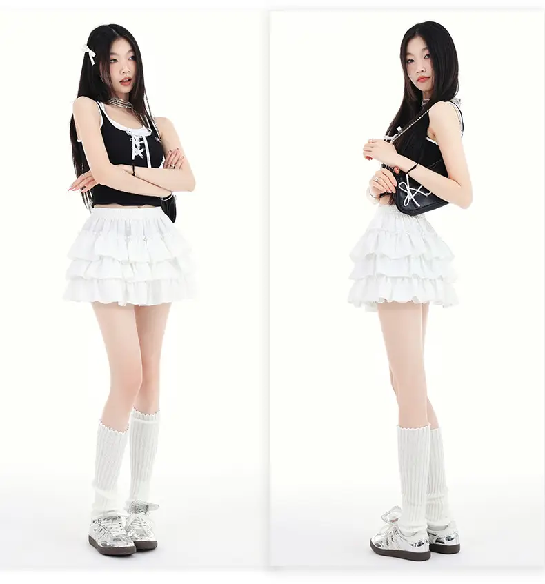 Black Ruffled Elastic Waist Skirt Pants Set — feature 4