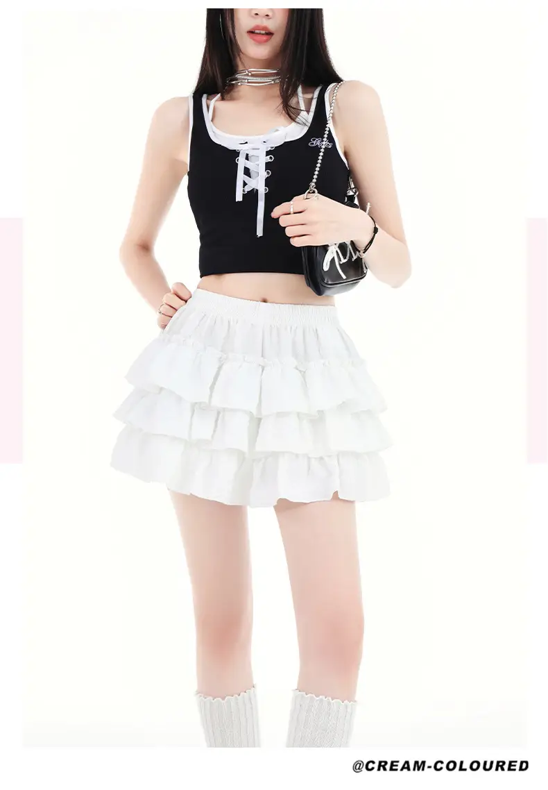 Black Ruffled Elastic Waist Skirt Pants Set — feature 5