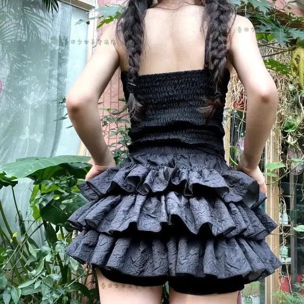 Black Ruffled Elastic Waist Skirt Pants Set