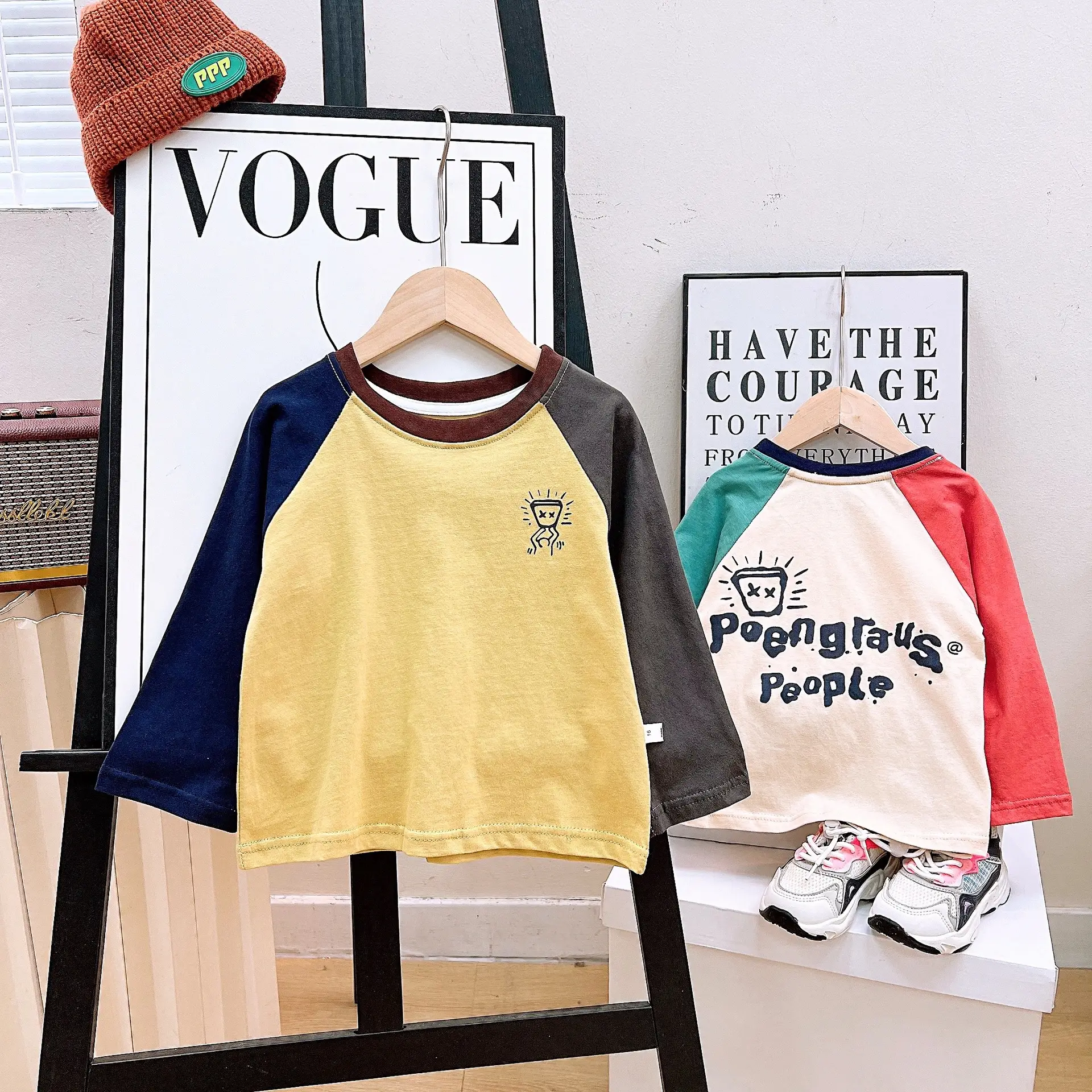 Children's Raglan Sleeve T-Shirt Cotton Beige Red Teal Medium Large - Image 4