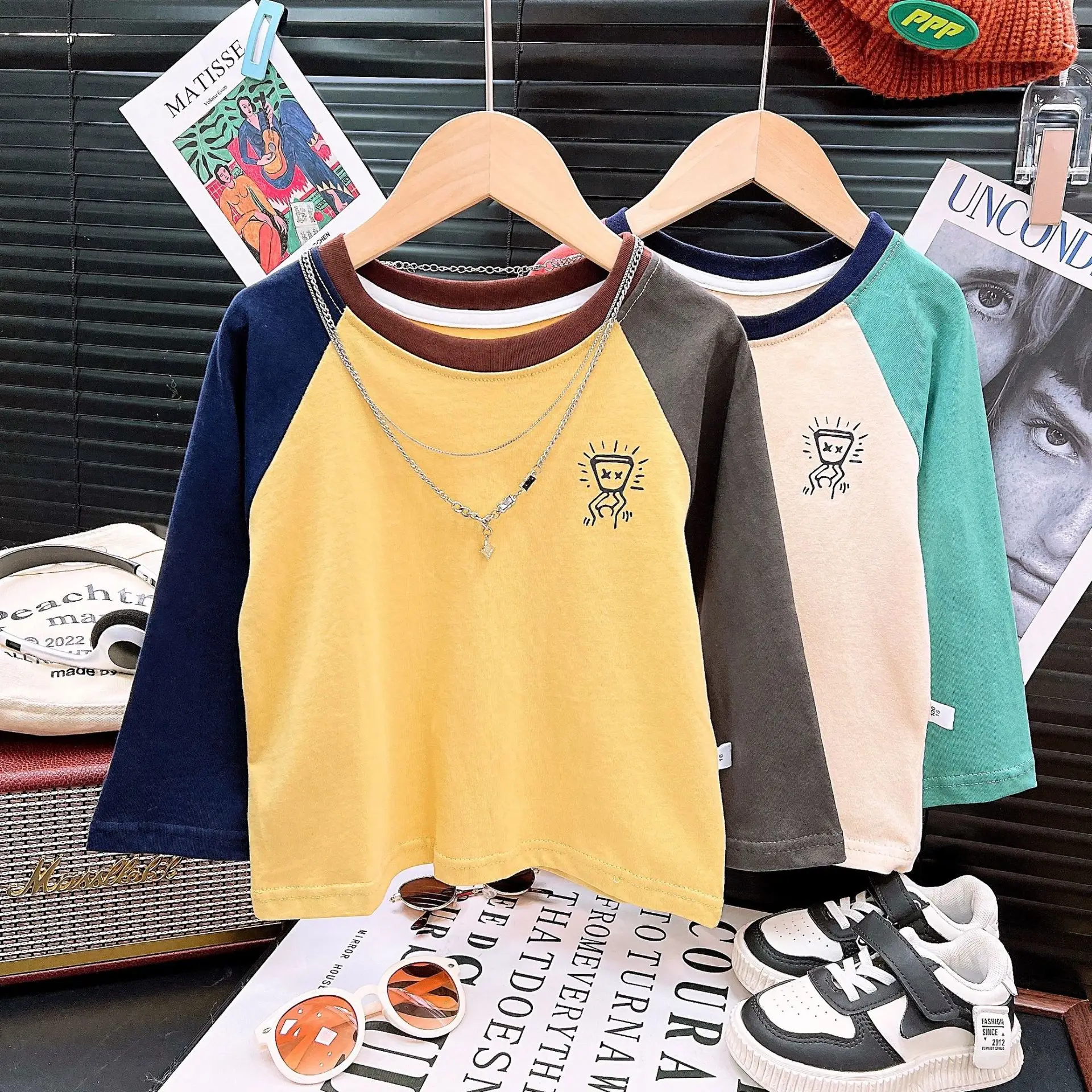 Children's Raglan Sleeve T-Shirt Cotton Beige Red Teal Medium Large - Image 5