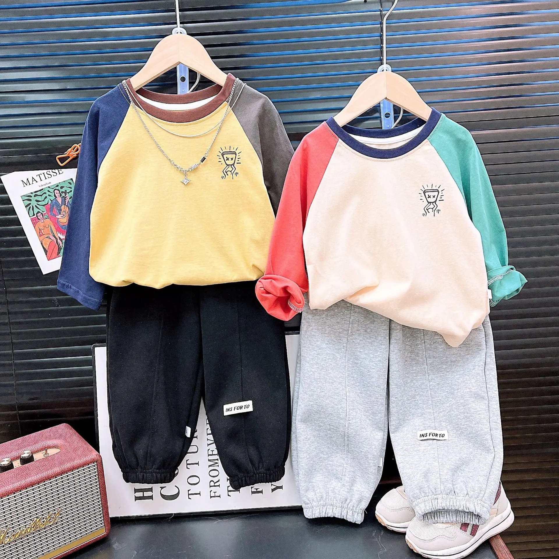 Children's Raglan Sleeve T-Shirt Cotton Beige Red Teal Medium Large - Image 6